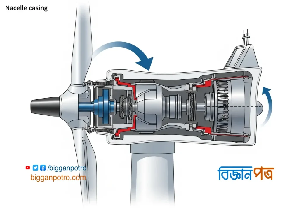 একটি উইন্ড টারবাইনের ন্যাসেলে অবস্থিত প্রধান যন্ত্রাংশের একটি ডায়াগ্রাম, যেখানে রোটর, গিয়ারবক্স এবং জেনারেটর দেখানো হয়েছে।