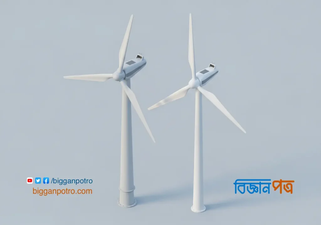 পাশাপাশি রাখা একটি অনুভূমিক অক্ষের (Horizontal-Axis) এবং একটি উল্লম্ব অক্ষের (Vertical-Axis) উইন্ড টারবাইনের ত্রিমাত্রিক মডেল।