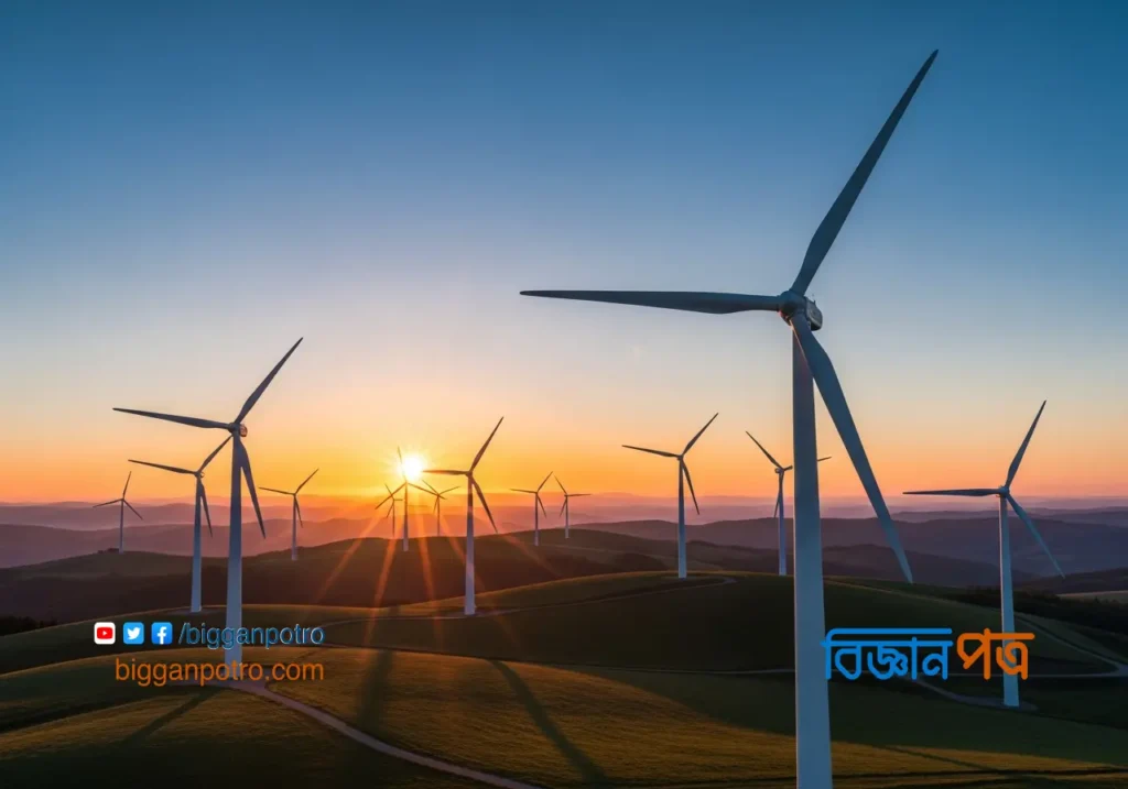 সূর্যোদয়ের সময় একটি বায়ু খামারের দৃশ্য, যেখানে পাহাড়ের উপর সারিবদ্ধভাবে উইন্ড টারবাইনগুলো দাঁড়িয়ে আছে।