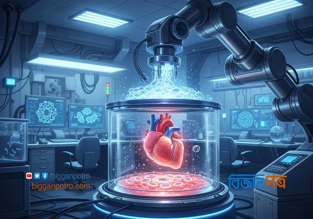 একটি অত্যাধুনিক বায়ো-প্রিন্টার জীবন্ত কোষ ব্যবহার করে একটি মানব হৃৎপিণ্ড তৈরি করছে।