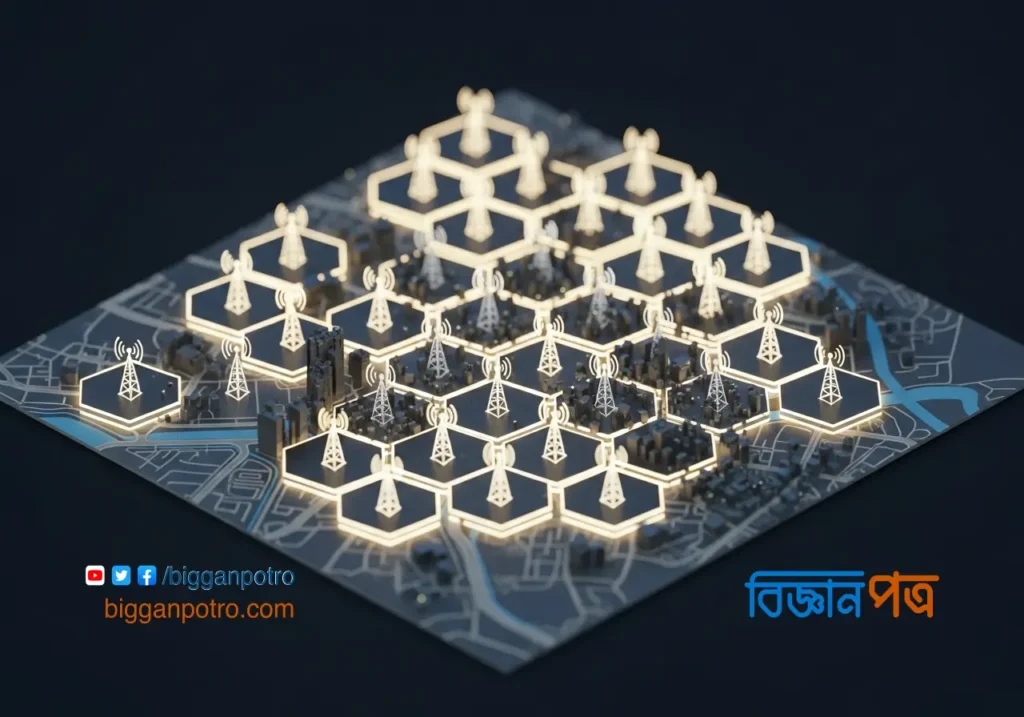 একটি শহরের উপর ষড়ভুজাকৃতির সেলের গ্রিড, যা মোবাইল নেটওয়ার্কের গঠন ব্যাখ্যা করছে।