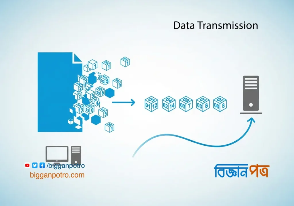 একটি চিত্র যা দেখাচ্ছে কিভাবে একটি বড় ডেটা ফাইল ছোট ছোট ডেটা প্যাকেটে বিভক্ত হয়ে নেটওয়ার্কের মাধ্যমে যাতায়াত করে।