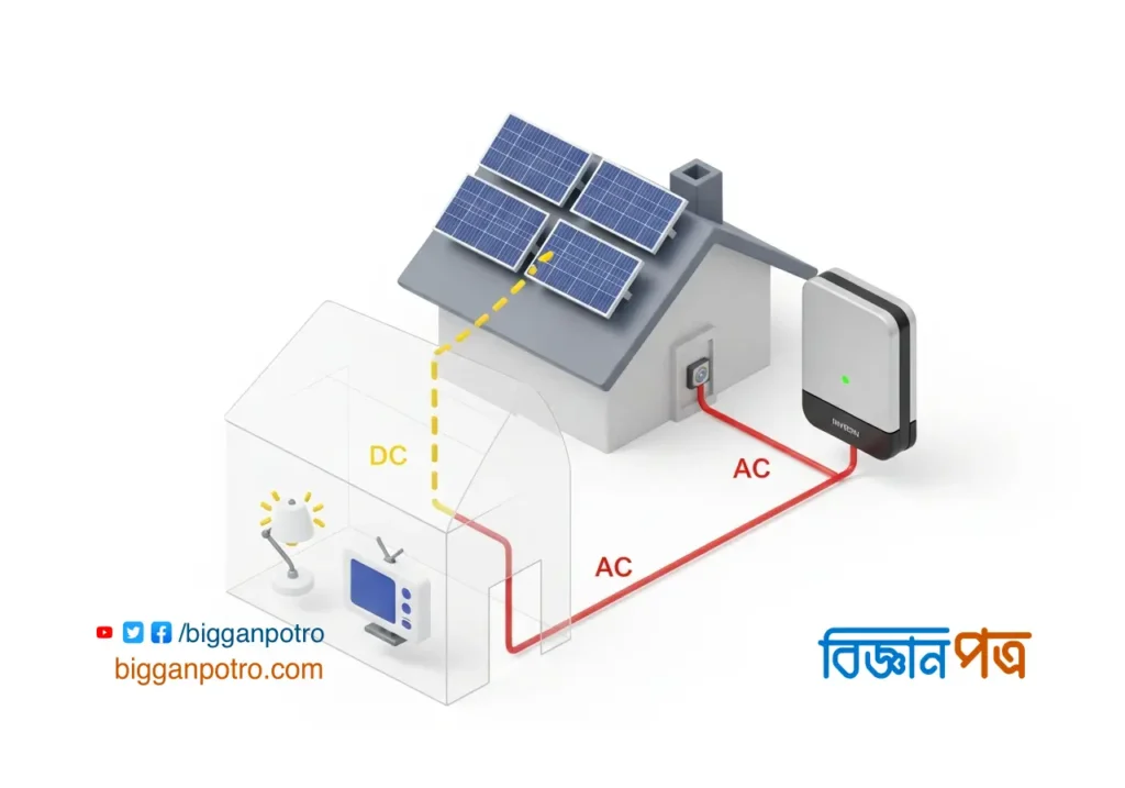 একটি বাড়ির সোলার সিস্টেমের ডায়াগ্রাম, যেখানে প্যানেল থেকে ডিসি বিদ্যুৎ ইনভার্টারে গিয়ে এসি বিদ্যুতে রূপান্তরিত হচ্ছে।