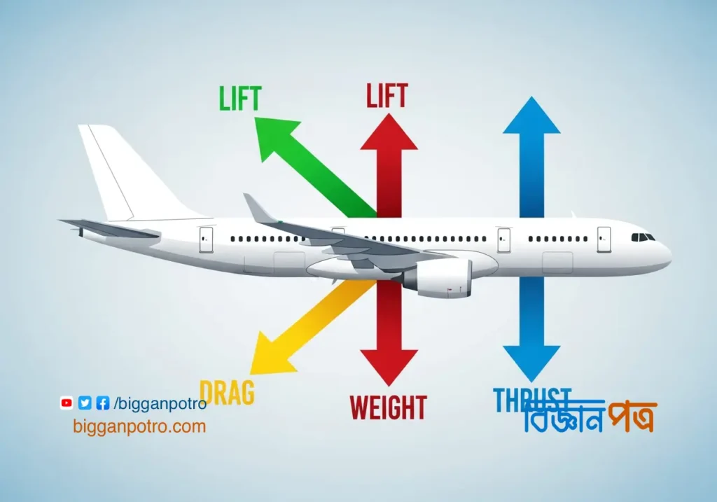 একটি বিমানের ওপর কর্মরত চারটি প্রধান শক্তি—লিফট, ওজন, থ্রাস্ট এবং ড্র্যাগের চিত্র।