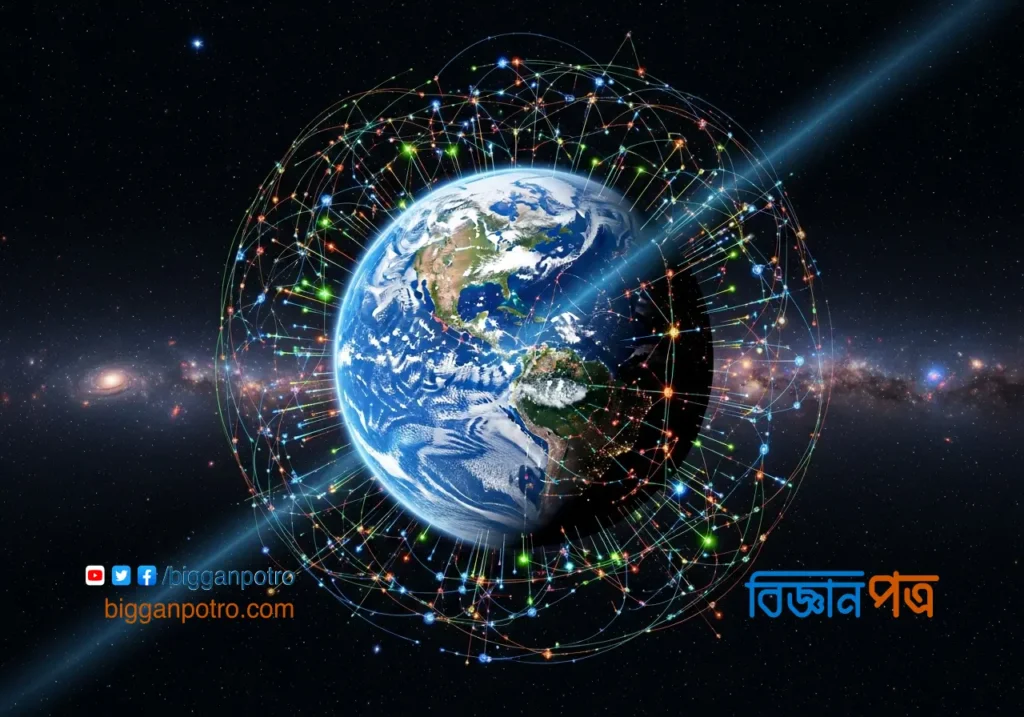 মহাকাশ থেকে দেখা পৃথিবী, যাকে ঘিরে রয়েছে ইন্টারনেটের এক বিমূর্ত এবং উজ্জ্বল বৈশ্বিক নেটওয়ার্ক।