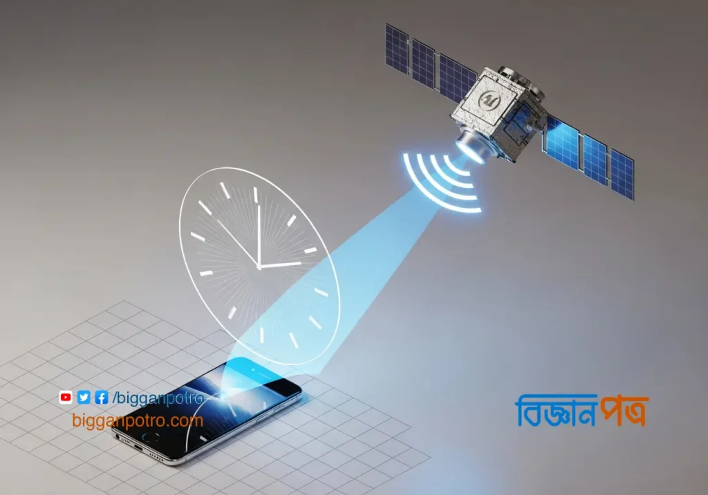 একটি জিপিএস উপগ্রহ থেকে স্মার্টফোনে রেডিও সংকেত আসার প্রক্রিয়া এবং সময় গণনার একটি ত্রিমাত্রিক চিত্র।