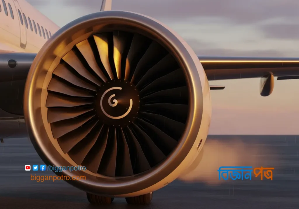 একটি আধুনিক বিমানের জেট ইঞ্জিনের ক্লোজ-আপ ছবি, সূর্যাস্তের আলোয় আলোকিত।