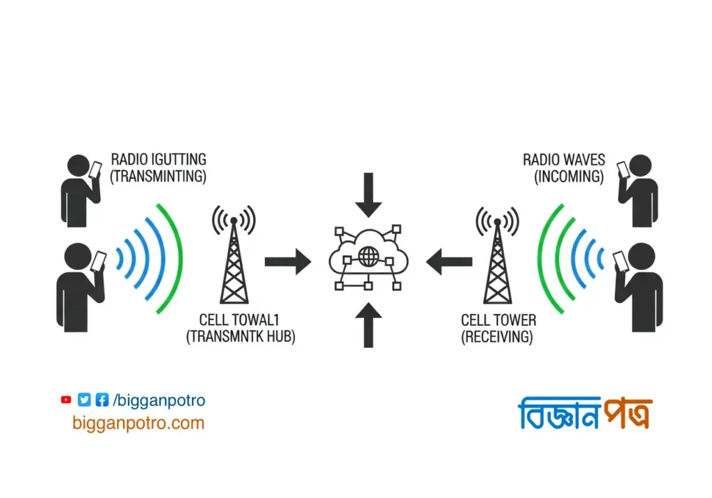 একটি ডায়াগ্রাম যা দেখাচ্ছে কীভাবে মোবাইল কল একজন ব্যক্তির ফোন থেকে টাওয়ারে এবং তারপর অন্য ব্যক্তির ফোনে পৌঁছায়।