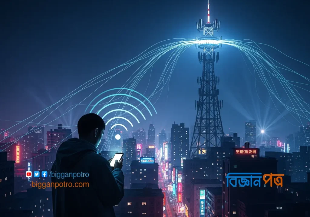 আধুনিক শহরে রাতে একটি মোবাইল টাওয়ার থেকে রেডিও তরঙ্গ বেরিয়ে এসে একটি স্মার্টফোনে মিলিত হচ্ছে।