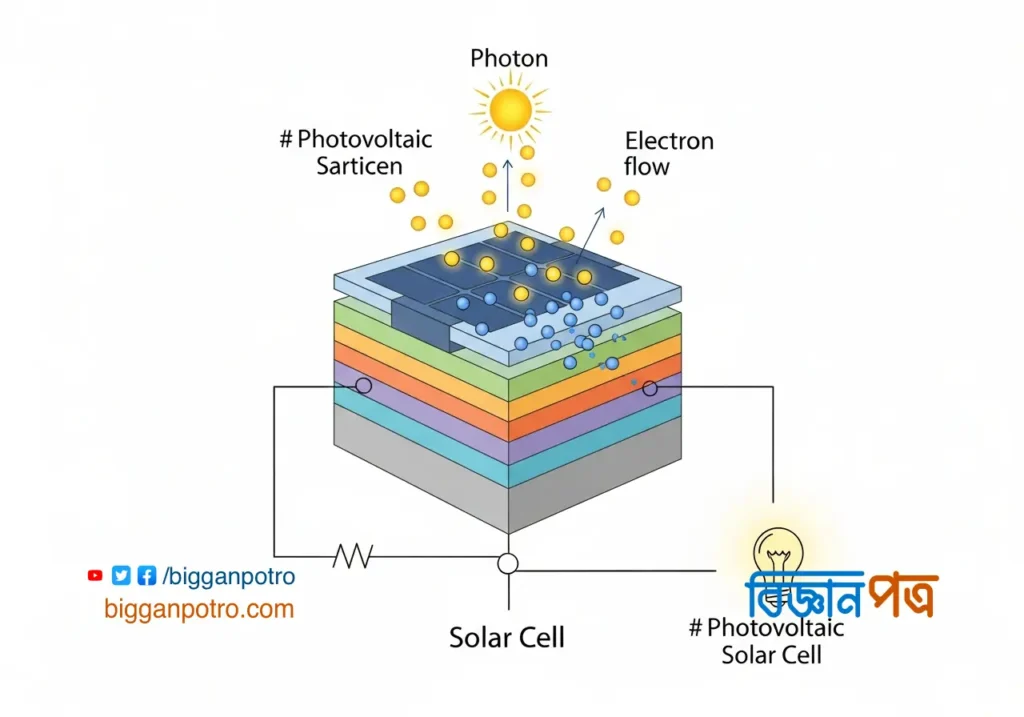 ফোটোভোল্টাইক প্রভাবের একটি সচিত্র ডায়াগ্রাম, যেখানে দেখানো হয়েছে কীভাবে ফোটন কণা ইলেকট্রনকে মুক্ত করে বিদ্যুৎ প্রবাহ তৈরি করে।