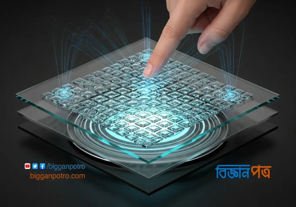 প্রজেক্টেড ক্যাপাসিটিভ টাচস্ক্রিনের স্তর এবং আঙুলের স্পর্শে ক্যাপাসিট্যান্স পরিবর্তনের চিত্র।