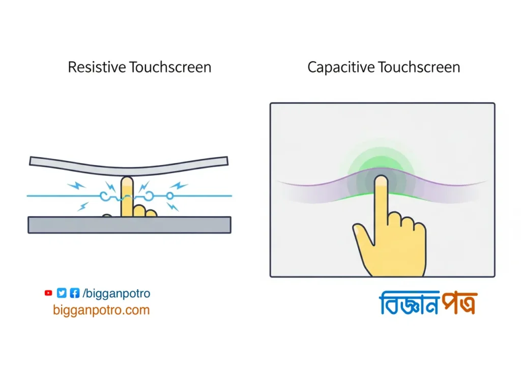 রেজিস্টিভ এবং ক্যাপাসিটিভ টাচস্ক্রিনের কার্যপ্রণালীর তুলনামূলক চিত্র।