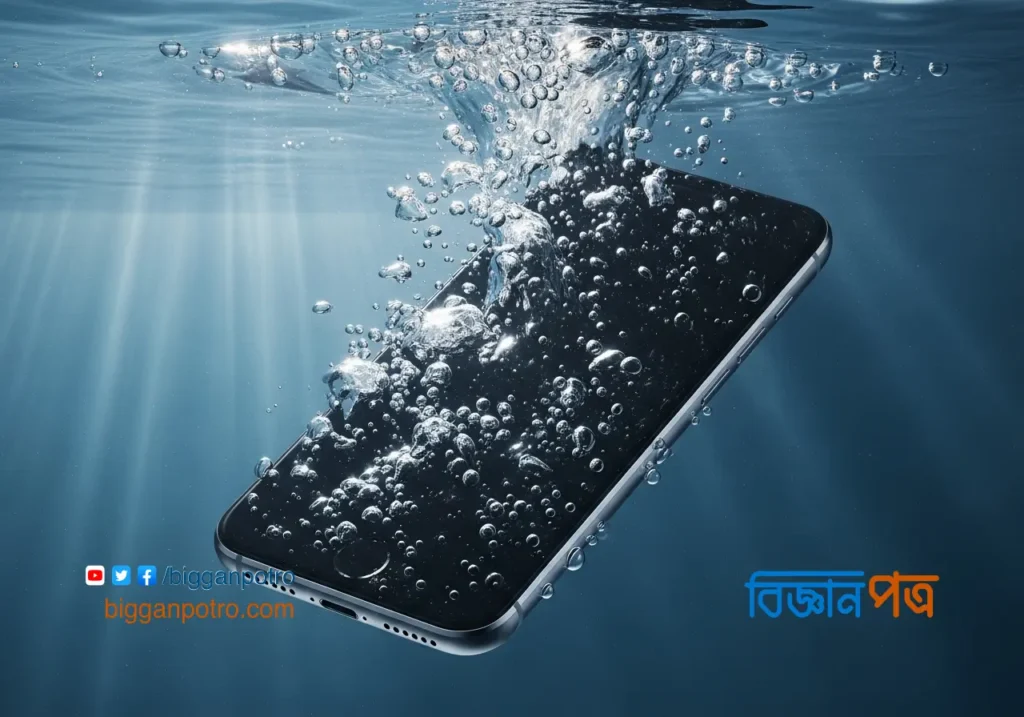 একটি আধুনিক স্মার্টফোন পরিষ্কার পানির নিচে ডুবছে, যার চারপাশে বুদবুদ তৈরি হচ্ছে।