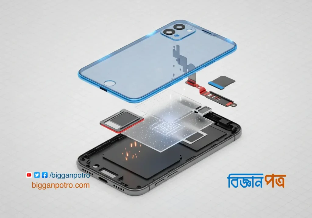 একটি স্মার্টফোনের বিস্ফোরিত চিত্র যেখানে আঠা, রাবার গ্যাসকেট ও ন্যানোকোটিং দেখানো হয়েছে।