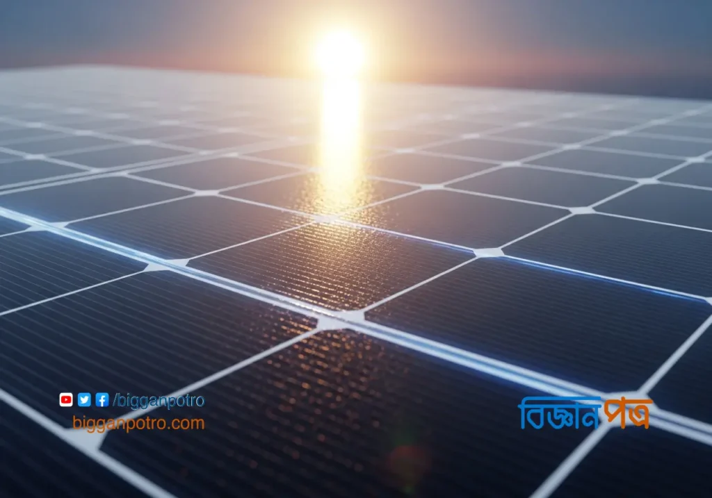 সূর্যালোকিত একটি সোলার প্যানেলের ক্লোজ-আপ ছবি, যা সৌরশক্তি ধারণ করছে।