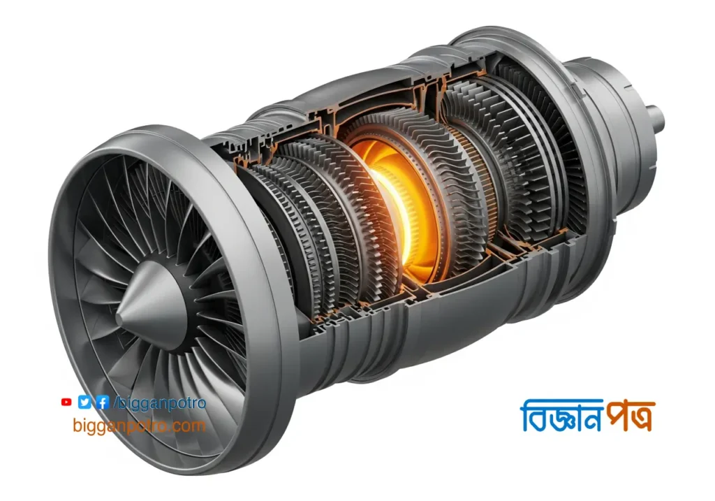 একটি টার্বোফ্যান ইঞ্জিনের অভ্যন্তরীণ গঠনের চিত্র, যেখানে দুটি ভিন্ন বায়ুপ্রবাহ দেখানো হয়েছে।